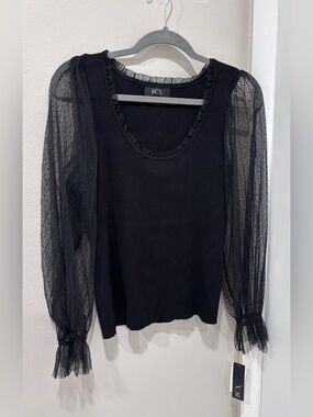 BCX Black Ribbed Knit Top with Sheer Dotted Puff Sleeves